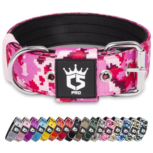 TSPRO Taktisches Hundehalsband Starkes Hundehalsband 3.8 cm Breit Dickes Hundehalsband mit Robuste Metallschnalle Halsband Hund für 48-55 cm Hals Hunde (Camo Rosa L) von TSPRO