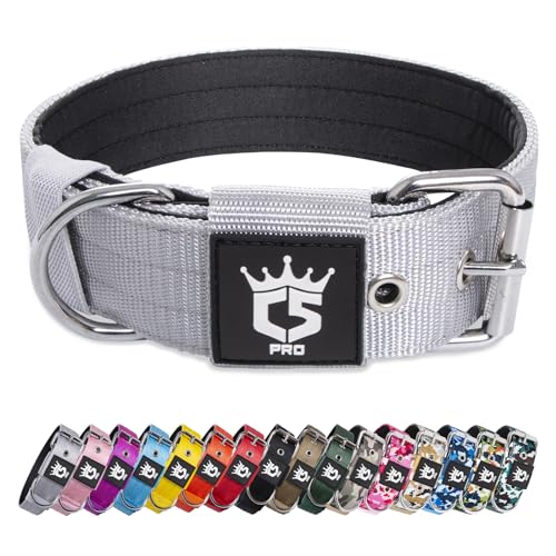 TSPRO Taktisches Hundehalsband Starkes Hundehalsband 3.8 cm Breit Dickes Hundehalsband mit Robuste Metallschnalle Halsband Hund Fit 52-60 cm Hals Hunde (Silber -L) von TSPRO