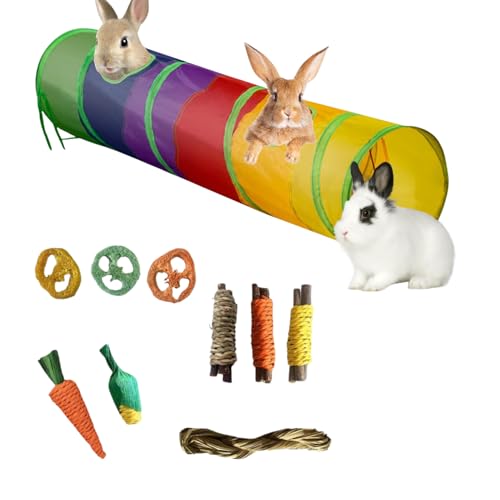 Hasentunnelform I Kaninchentunnel-Spielzeug, Haustierspielzeug, Spieltunnel für Katzen, Kätzchen, Kaninchen, Welpen, Knistern, Pop-Up-Regenbogen, 45 mit 9 Kauspielzeugen (Regenbogen) von TTMIMIK