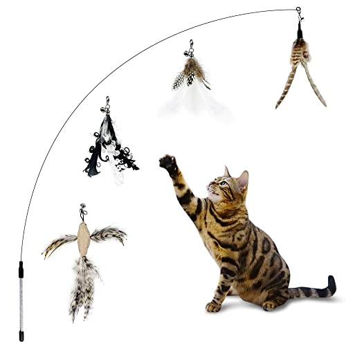 TTCAT Katzenspielzeug, 88,9 cm, flexibler Stahldraht und 4 Katzenfeder-Spielzeug, Katzenspielzeug, interaktives Katzenspielzeug, Zauberstab, Kätzchenspielzeug für Indoor-Katzen zum Spielen von Verfolgungsübungen von TTcat