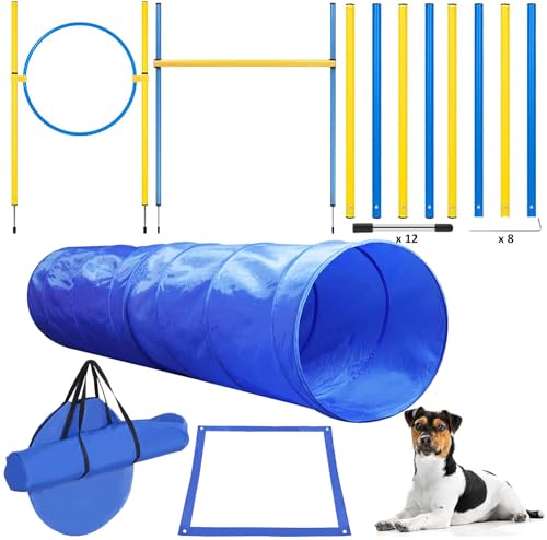 TUAHOO Agility Set für Hunde, Agility Ausrüstung fürHundetraining, Hindernisse, Steckhürdenset Zubehör Hürden aus Tunnel für Hunde, Slalomstangen, Hürdenstange, Agility Ring, Pause-Box, Tragetasche von TUAHOO