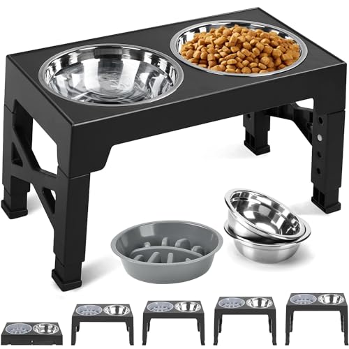 TUAHOO Erhöhte Hundenäpfe – Hunde-Futterspender mit 2 Edelstahlnäpfen & 1 Slow Feeder Bowl, 5 höhenverstellbare erhöhte Hundefutter-Wassernapf-Ständer für kleine, mittelgroße und große Hunde – Schwarz von TUAHOO