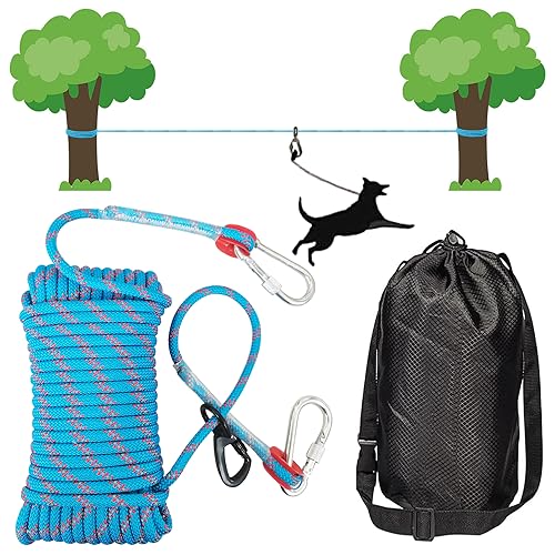 TUAHOO Hundeleinenkabel für Camping, 15 m, tragbares Überkopf-Trolley-System für Hunde bis zu 136 kg, reflektierende Hundeleine für Hof, Outdoor und Camping, Blau von TUAHOO