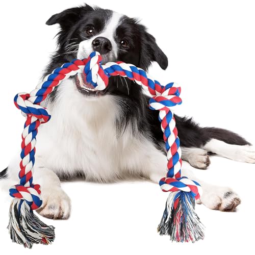 TUAHOO Hundespielzeug für große / mittelgroße aggressive Kauer, 90 cm, 5 Knoten, unzerstörbar, 100 % Baumwolle, interaktives Tauziehen, Zahnreinigung (5 Knoten, Rot) von TUAHOO