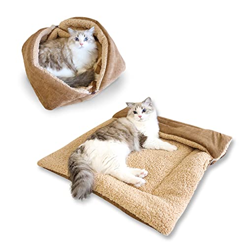 TUAKIMCE Katzen-Hundebetten, 2-in-1 Plüsch-Weiches Haustierkissen und Kätzchen-Decke für Innen- und Katzen-Decke, warm, flauschig, Haustiermatte, Welpenbett, Kätzchenbett, waschbar (Aprikose) von TUAKIMCE