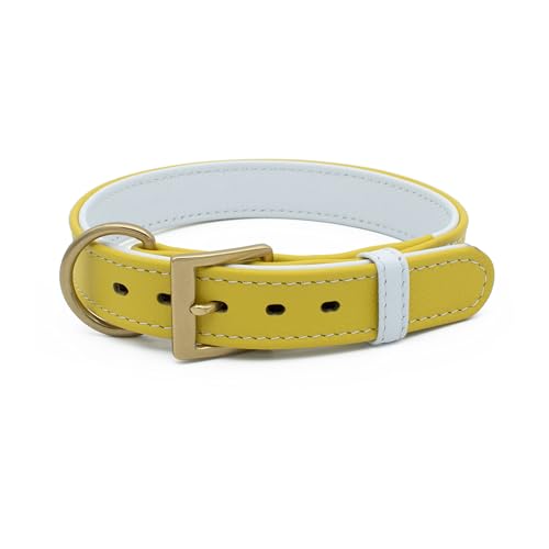 TUBERK Handgefertigtes Premium-Hundehalsband, Leder, massives Messing, Größe L: 3 cm breit, für Halsumfang von 40,6 - 48,3 cm, Gelb von TUBERK