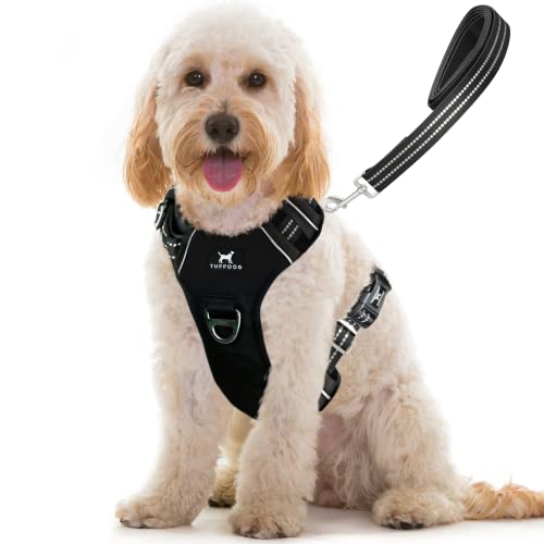 TUFFDOG Easy-Fit-Hundegeschirr – Schnellverschluss-Halsclip, gepolstert, reflektierend, kein Ziehen, verstellbare Step-In-Hundeweste plus passende Leine (Größe M, Rabe Schwarz) von TUFFDOG