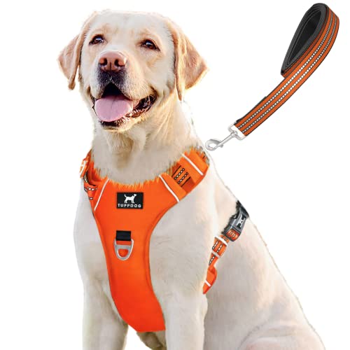 TUFFDOG Easy-Fit-Hundegeschirr – Schnellverschluss-Halsclip, gepolstert, reflektierend, kein Ziehen, verstellbare Step-In-Hundeweste plus passende Leine (XL, Blaze Orange) von TUFFDOG