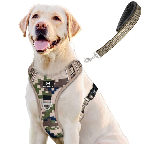 TUFFDOG Easy-Fit-Hundegeschirr – Schnellverschluss-Halsclip, gepolstert, reflektierend, kein Ziehen, verstellbare Step-In-Hundeweste plus passende Leine (XL, Desert Camo) von TUFFDOG