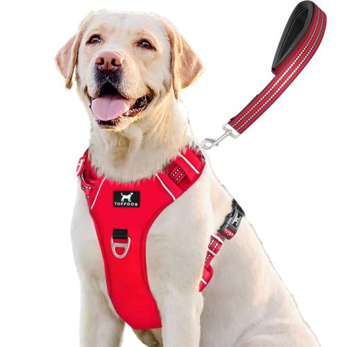 TUFFDOG Easy-Fit-Hundegeschirr – Schnellverschluss-Halsclip, gepolstert, reflektierend, kein Ziehen, verstellbare Step-In-Hundeweste plus passende Leine (XL, Mohnblumenrot) von TUFFDOG