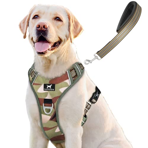 TUFFDOG Easy-Fit-Hundegeschirr – Schnellverschluss-Halsclip, gepolstert, reflektierend, kein Ziehen, verstellbare Step-In-Hundeweste plus passende Leine (groß, Dschungel-Camo) von TUFFDOG