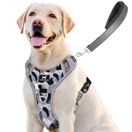 TUFFDOG Easy-Fit-Hundegeschirr – Schnellverschluss-Halsclip, gepolstert, reflektierend, kein Ziehen, verstellbare Step-In Hundeweste plus passende Leine (groß, Urban Camo) von TUFFDOG