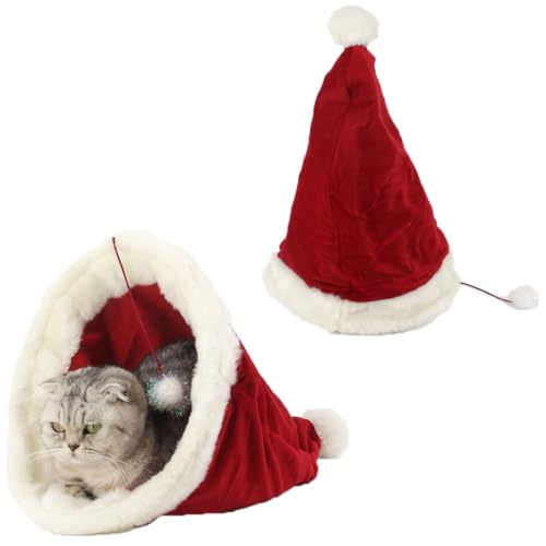 Katzenschlafsack, Weihnachtsmütze, wärmendes Katzenbett, weicher Plüsch, großer Katzensack für den Winter, gemütliches Katzenbett, Höhle, 360°-Wickelung, bequemer Haustier-Kuschelsack für Katzen bis von TUICARE