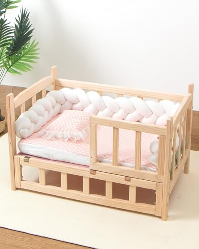 Hundebett Erhöhter Zwingerbett mit Massivem Holzgeländer und Brett, Anti-Rutsch Innenhundehaus Wasserdicht und Leicht Sauber, Kleines/ Mittel-/ Großer Hunderuhe Kinderbett ( Color : 1-with Bedding , S von TUJOBA