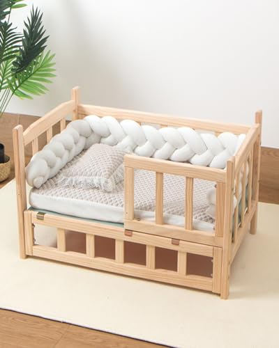 Hundebett Erhöhter Zwingerbett mit Massivem Holzgeländer und Brett, Anti-Rutsch Innenhundehaus Wasserdicht und Leicht Sauber, Kleines/ Mittel-/ Großer Hunderuhe Kinderbett ( Color : 3-with Bedding , S von TUJOBA