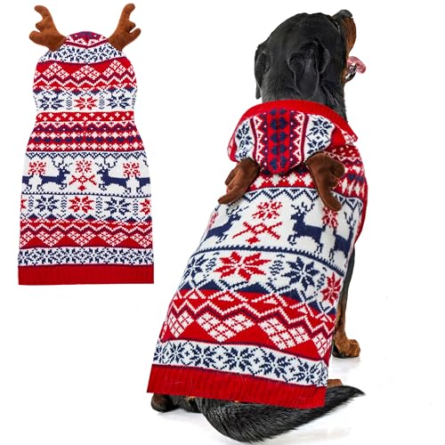 TUKOAW Weihnachtspullover für Hunde, warm, Geweih, Strickwaren, Pullover für kaltes Wetter, niedliches hässliches Urlaubs-Hundekostüm, Outfits mit Loch für die Leine für kleine, mittelgroße und große von TUKOAW