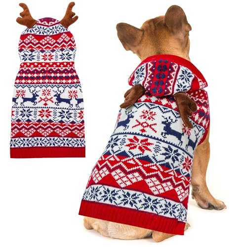 TUKOAW Weihnachtspullover für Hunde, warm, Geweih, Strickwaren, Pullover für kaltes Wetter, niedliches hässliches Urlaubs-Hundekostüm, Outfits mit Loch für die Leine für kleine, mittelgroße und große von TUKOAW