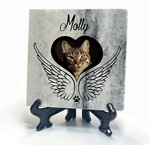 TULLUN Individueller Personalisiert Grau Natur Marmor Gedenkstein + Ständer für Hund, Katze und andere Haustiere - Größe 10 x 10 cm - Engelsflügel von TULLUN