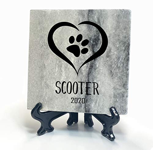 TULLUN Individueller Personalisiert Grau Natur Marmor Gedenkstein + Ständer für Hund, Katze und andere Haustiere - Größe 10 x 10 cm - Herz von TULLUN