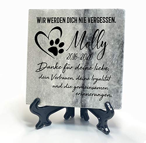 TULLUN Individueller Personalisiert Grau Natur Marmor Gedenkstein + Ständer für Hund, Katze und andere Haustiere - Größe 10 x 10 cm - Name und Datum von TULLUN