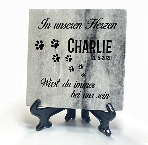 TULLUN Individueller Personalisiert Grau Natur Marmor Gedenkstein + Ständer für Hund, Katze und andere Haustiere - Größe 10 x 10 cm - Pfotenabdruck von TULLUN