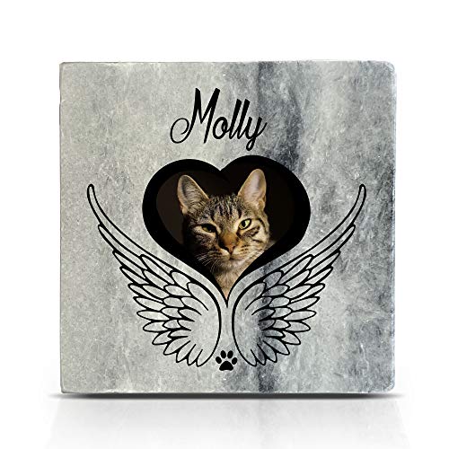 TULLUN Individueller Personalisiert Grau Natur Marmor Gedenkstein für Hund, Katze und andere Haustiere - Größe 10 x 10 cm - Engelsflügel von TULLUN