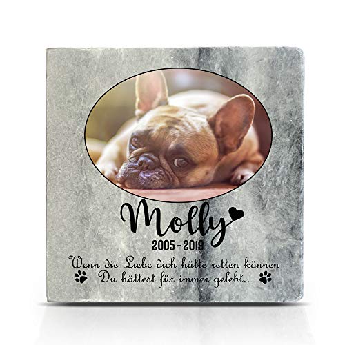 TULLUN Individueller Personalisiert Grau Natur Marmor Gedenkstein für Hund, Katze und andere Haustiere - Größe 10 x 10 cm - Ovales Foto von TULLUN