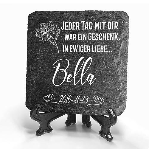 TULLUN Individueller Personalisiert Tiergrabstein Schiefer Gedenkstein + Ständer für Hund, Katze und andere Haustiere - Größe 10 x 10 cm - In liebevoller Erinnerung von TULLUN