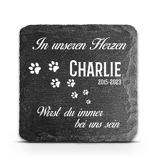 TULLUN Individueller Personalisiert Tiergrabstein Schiefer Gedenkstein für Hund, Katze und andere Haustiere - Größe 10 x 10 cm - In Unseren Herzen von TULLUN