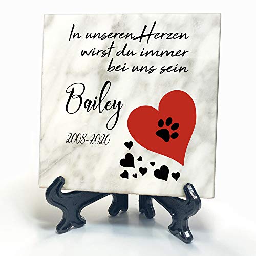 TULLUN Individueller Personalisierter Weißer Natur Marmor Gedenkstein + Ständer für Hunde, Katze und andere Haustiere - Größe 10 x 10 cm - Rote Herz und Pfote von TULLUN