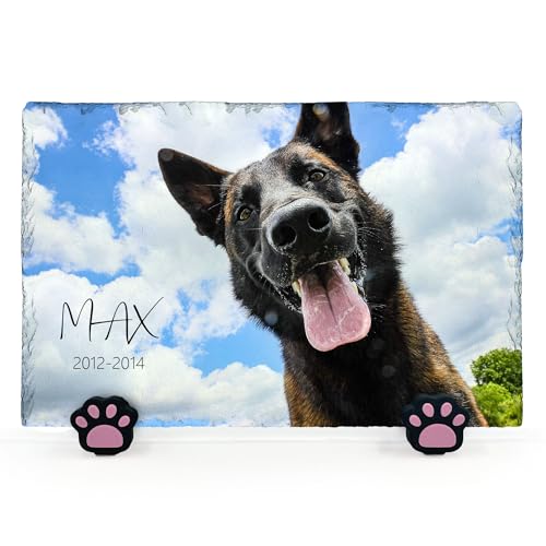 TULLUN Personalisierte Memorial Herzform Foto Namenstafel für Haustier Katze Hund Schiefer Naturstein Rahmen Pfote Grab Marker mit Pfote Display Ständer - Voller Druck - Horizontal |20 x 30 cm | von TULLUN