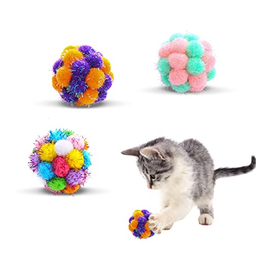 TUSATIY Katzen-Pom-Bälle, 3 Stück, glitzernde Lametta-Bälle mit Glocken, interaktives Katzenspielzeug für Kätzchen und erwachsene Katzen, kleine Rassen von TUSATIY