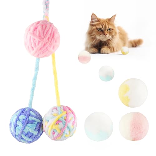 TUSATIY Katzenball-Spielzeug, mehrfarbig, flauschige Bälle und Wollgarn, Katzenspielzeugbälle mit Glocke im Inneren, weiches, interaktives Katzenspielzeug für Indoor-Katzen, Selbstspiel, 9 Stück von TUSATIY