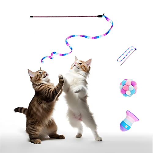 TUSATIY Katzenspielzeug-Set, Regenbogen-Katzenspielzeug, Katzenschnur und Katzenball mit Glocke und Katzenminze, interaktives Kätzchenspielzeug für Indoor-Katzen (lila Fisch) von TUSATIY