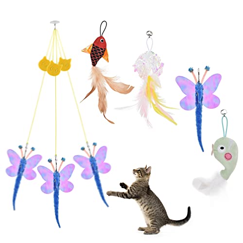 TUSATIY Katzenspielzeug zum Aufhängen, interaktives Katzenspielzeug mit einziehbarem elastischem Seil und 4 Ersatz-Katzenspielzeuge, Nachfüllpackungen, Knisterpapier, Katzenminze, Fische, von TUSATIY