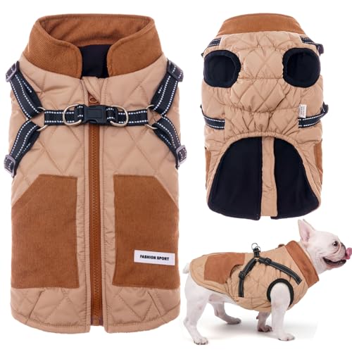 2 in 1 Hundejacke mit Geschirr Winterwarme Hundemäntel Winddichte Haustierkleidung Mit Taschendesign Schneeanzug Hundejacken für Kleine Mittelgroße Hunde Tägliche Spaziergänge, Training, Abenteuer von TVMALL