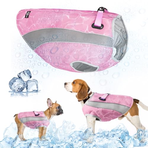 Hundekühlweste Geschirr reflektierende Kühljacke mit verstellbarem Reißverschluss, leichte Hundemantel mit Verdunstungskühlungs-Mikrofasertechnologie für Outdoor, Jagd, Training und Camping (Rosa, L) von TVMALL