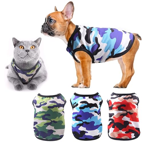 TVMALL 3 Stück Hunde-T-Shirts 100% Baumwolle Katze Hund Kleidung Camo Sporthemden Sommer Mesh atmungsaktiv Hund Weste Modemantel Haustier Beach Wear für Welpen, kleine Hunde und Katzen von TVMALL