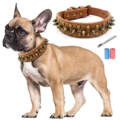 TVMALL Leder Hundehalsband Bissfest mit Pilze Nieten Verstellbar Trainingshalsband für Kleine, Mittelgroße Hunde, Haustiere Outdoor-Halsbänder - Kostenlose Lederlocher und Müllbeutel (Braun, L) von TVMALL