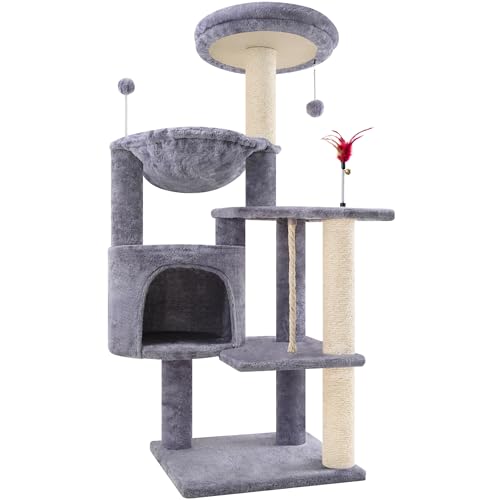 TINWEIUS Katzenbaum für Indor-Katzen, multifunktionaler Katzenturm mit gemütlicher Höhle, Sitzstangen, Kratzbäumen und Hängematte, 107 cm, Grau von TWDEPART