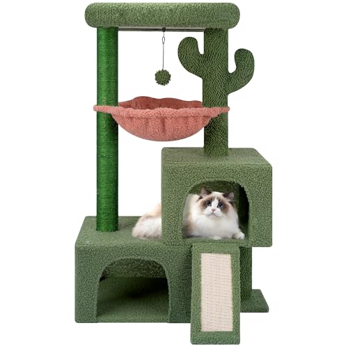 TWDEPART Kaktus Katzenbaum Turm für Indoor-Katzen, Aktivitätszentrum Katzenturm mit zwei Katzenhütten Hängematte und Kratzbäumen, Grün von TWDEPART