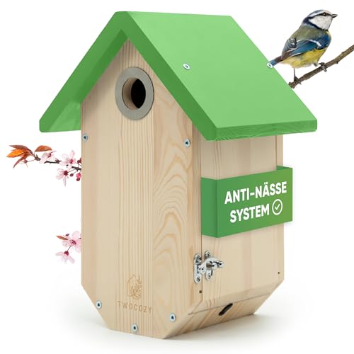 TWOCOZY Premium Nistkasten für Meisen | Kohlmeisen [SPECHTSCHUTZ & NESTSCHUTZ] wetterfest & verschraubt | Maße NABU konform | Vogelhaus zum Aufhängen für Meisen - 32 mm (Grün, 17cm x 23,5cm x 32cm) von TWOCOZY