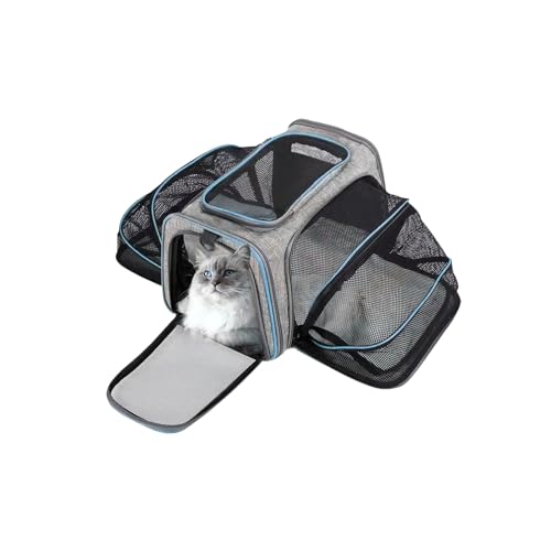 Erweiterbare Katzentasche, Tragetasche für Katzen, 82x30x30 cm Faltbare Transporttasche mit belüftetem Design, Haustiertragetasche mit Abnehmbarer Plüsch Pad (Grau+Blau) von TWSOUL