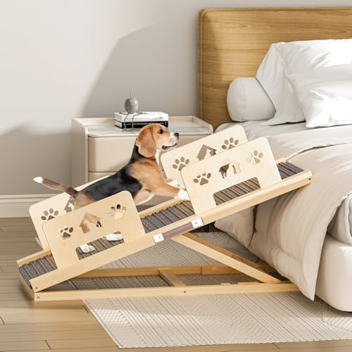 Hunderampe Treppen & Stufen für Hunde, Haustierrampe aus Holz, Klappbare und höhenverstellbare, Verstellbereich von 35cm bis 58cm, Hundetreppe HolzRutschfeste für Bett Oder Sofa von TWSOUL