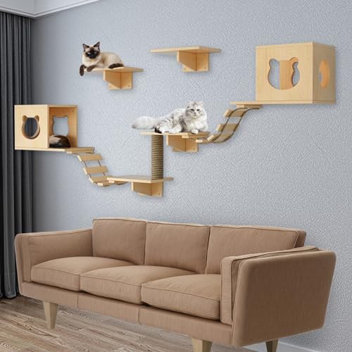 Katzenwandregal, Katzenmöbel Set, Katzen Kletterwand, mit 2 Kleinen Katzennestern, 4 Katzenwandregalen, 1 Katzenkratzbaum, Katzentreppe Wand von TWSOUL