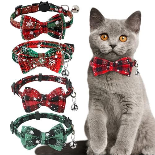 TYXHXTF 4 Stück Weihnachten Katzenhalsband mit Glöckchen und Fliege, Verstellbar Katzen Halsbänder Weihnachts Katzen Hundehalsband für Kätzchen und Welpen von TYXHXTF