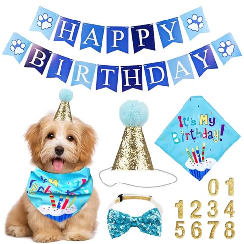 TYXHXTF 5 Stücke Hund Geburtstag Set, Geburtstag Banner, Haustier Geburtstagsset mit Bandana Fliege und Goldenem Pailletten Hut, Geburtstagsparty Zubehör für Hunde Katzen von TYXHXTF