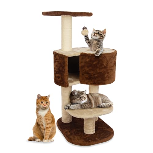 TZHYKPHOME Großer Katzenturm mit verbreiterter Sitzstange für große Katzen, Kätzchen, 114 cm Katzenturm für Indoor-Katzen, mehrstufige Katzenhütte, Kratzbäume und Rampe, Katzenkorb (braun) von TZHYKPHOME