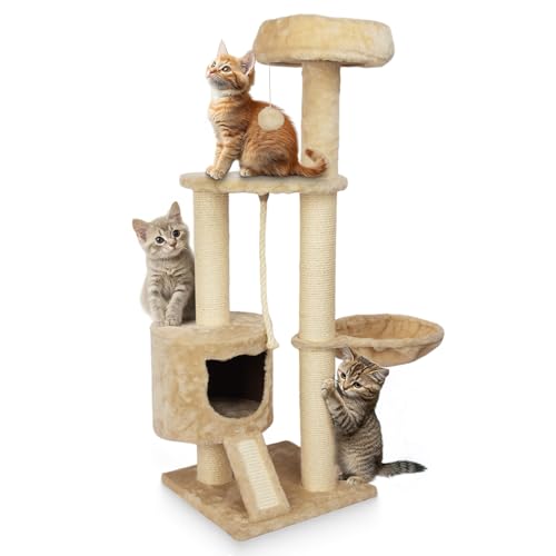 TZHYKPHOME Großer Katzenturm mit verbreiterter Sitzstange für große Katzen, Kätzchen, 114 cm Katzenturm für Indoor-Katzen, mehrstufige Katzenhütte, Kratzbäume und Rampe, Katzenkorb (klassisch) von TZHYKPHOME