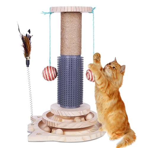 TaFoyu Hölzernes Katzenspielzeug, 5 in 1 Katzenspielzeug, Katze Sisal Seil Kratzbaum mit hängenden Ball, geeignet für kleine bis mittelgroße Katzen von TaFoyu